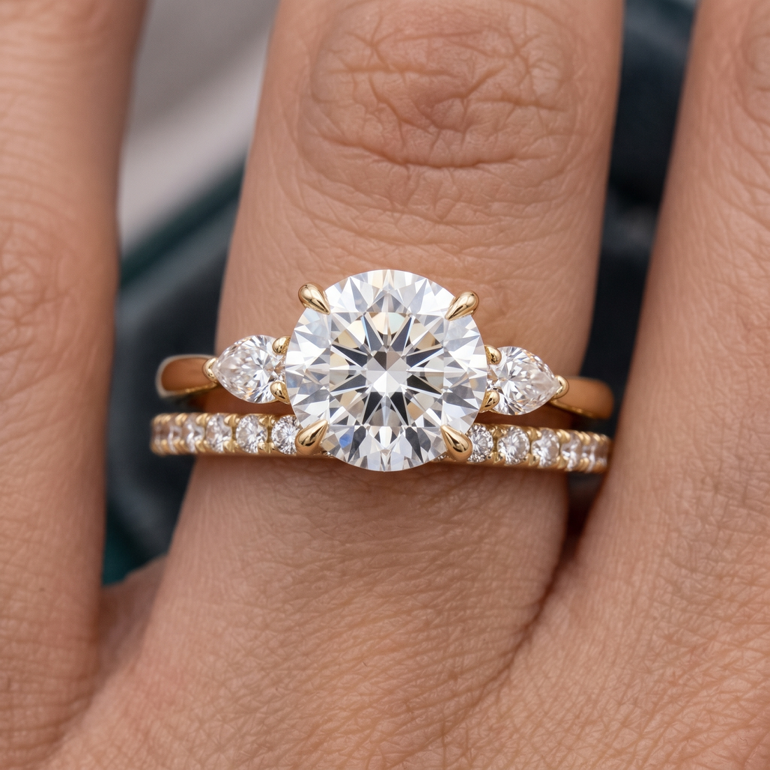 Round Cut Solitaire Engagement Ring & Matching Band Set, Yellow Gold, Milgrain Accents