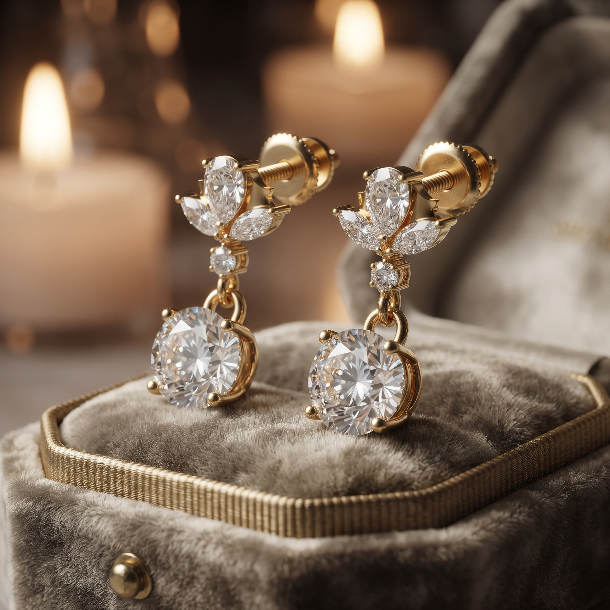 Floral Drop Earrings With Round, Pear, And Marquise Cut Stones In Gold Or Silver