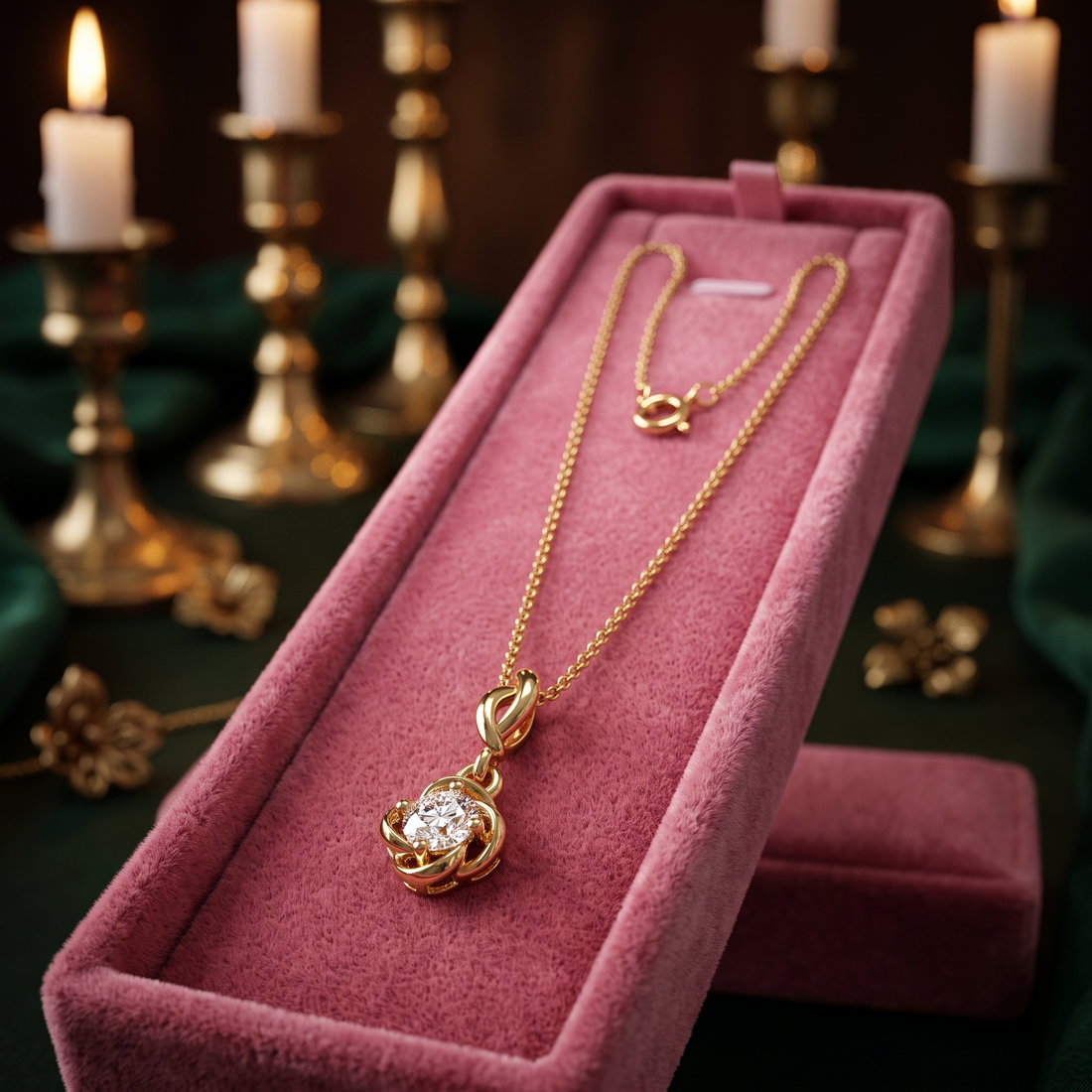 14K Gold Solitaire Diamond Pendant, Round Brilliant Cut, Floral Swirl Charm Necklace