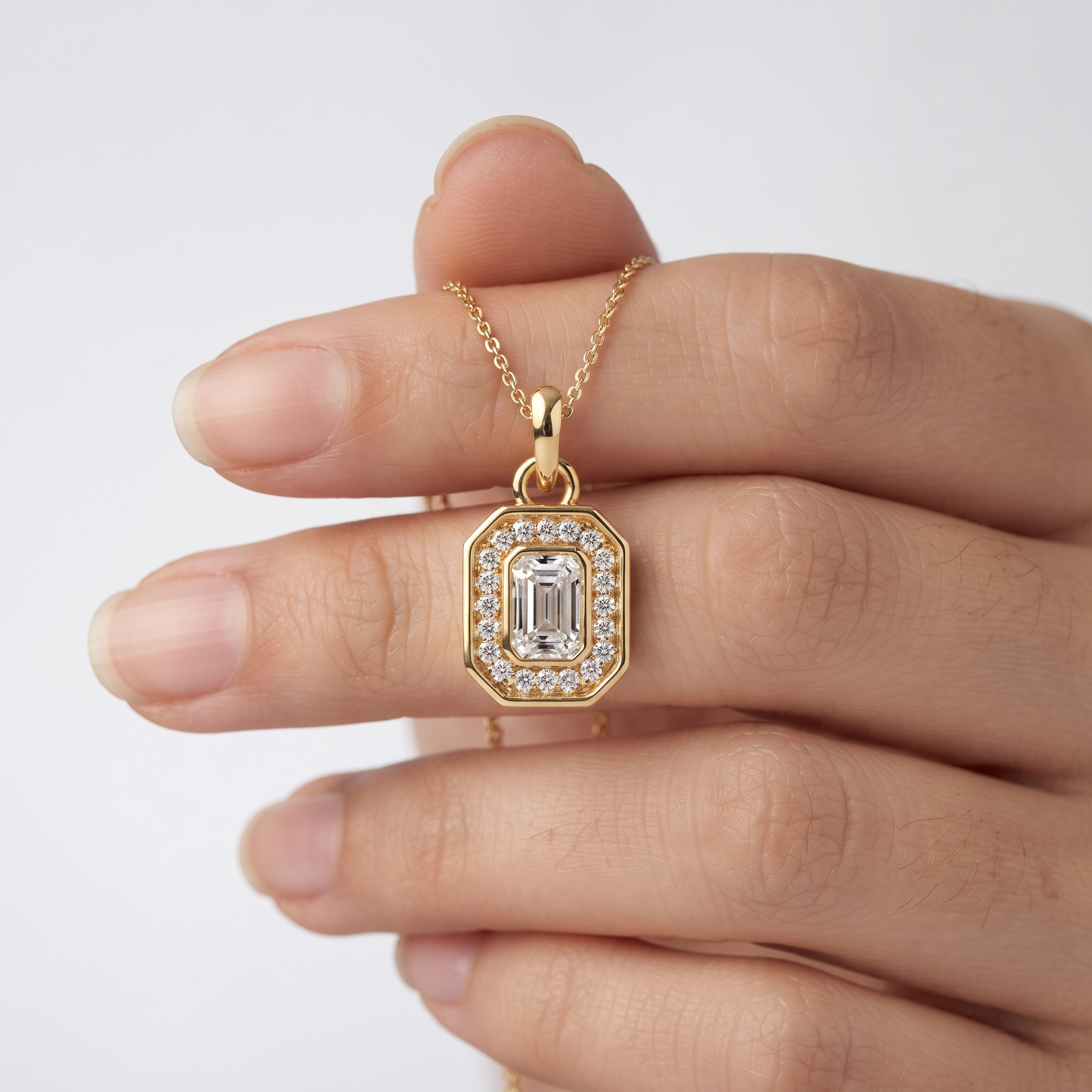 Emerald Cut Diamond Halo Pendant, Octagon Frame, Dainty Gold Chain, Minimalist Bridal Jewelry