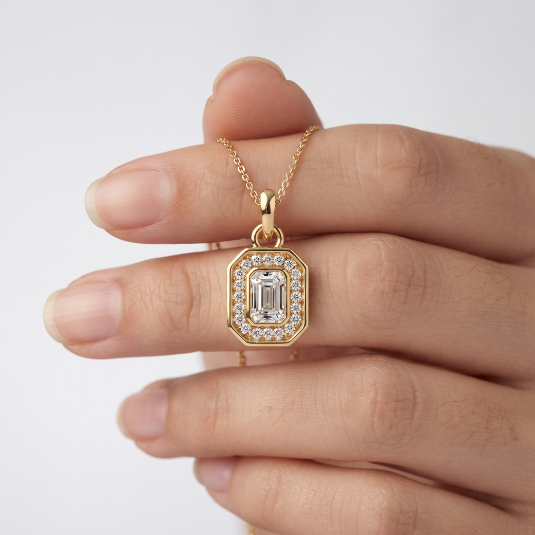 Emerald Cut Diamond Halo Pendant, Octagon Frame, Dainty Gold Chain, Minimalist Bridal Jewelry
