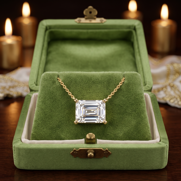 Emerald Cut Solitaire Pendant Necklace, Minimalist Diamond Chain, Modern Architecture Style