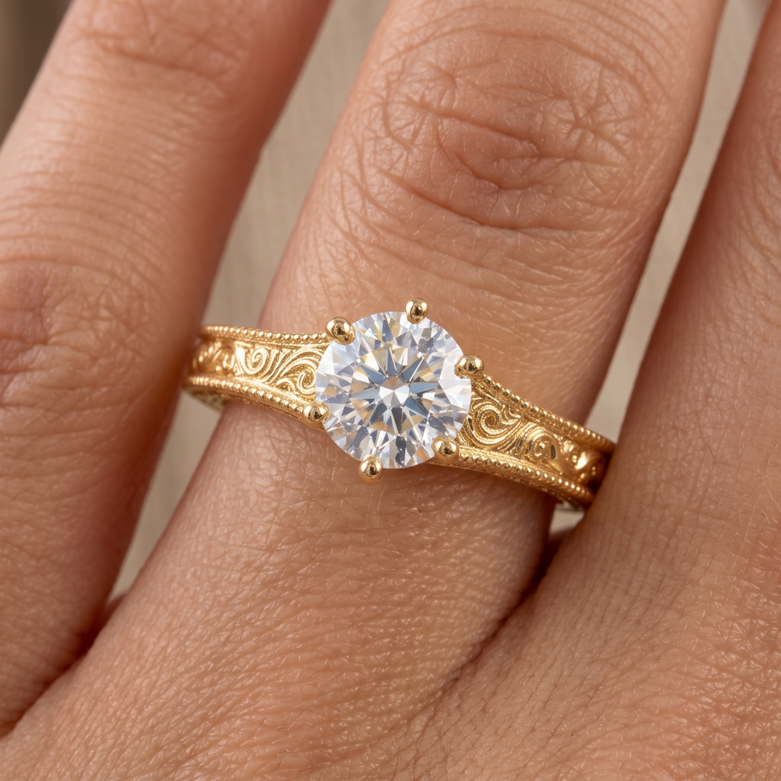 Vintage Art Deco Yellow Gold Engagement Ring, Round Lab Grown Diamond, Milgrain Scroll Design
