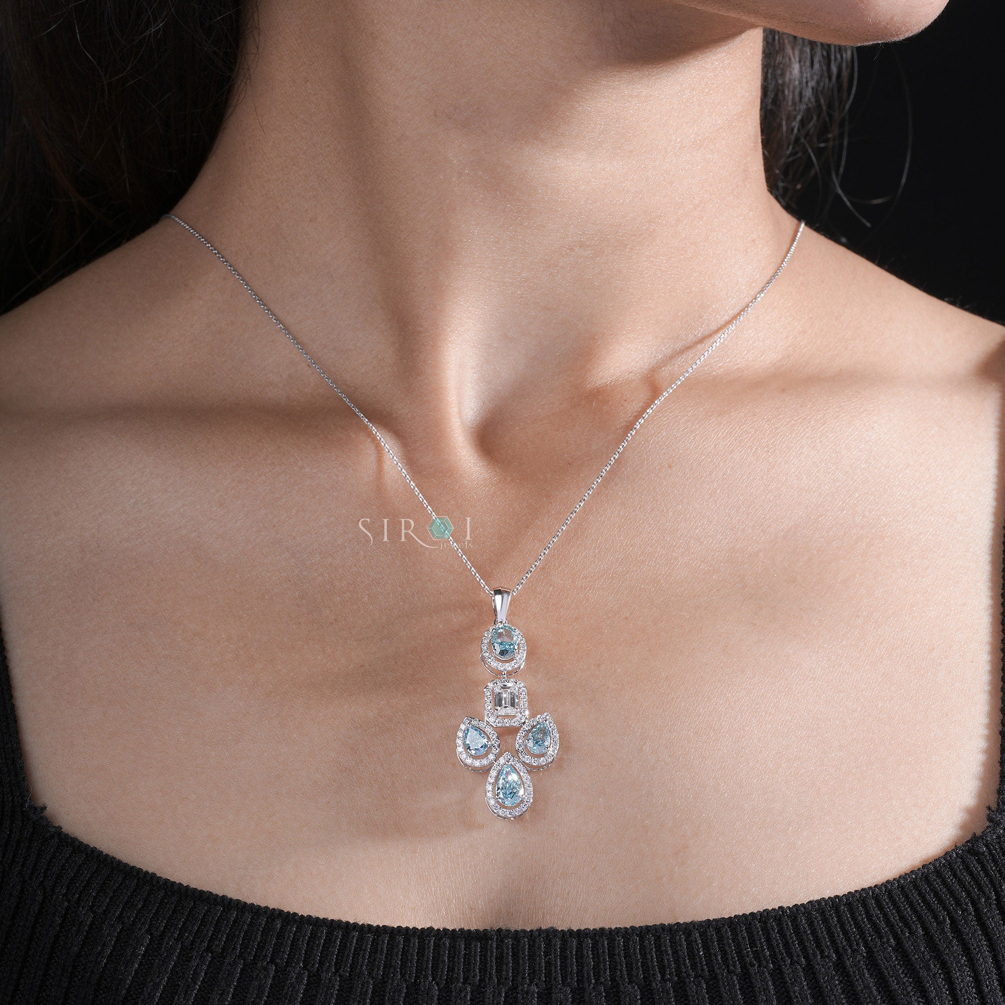 Aqua Cascade Emerald Diamond and Blue Pear Cluster Pendant in White Gold