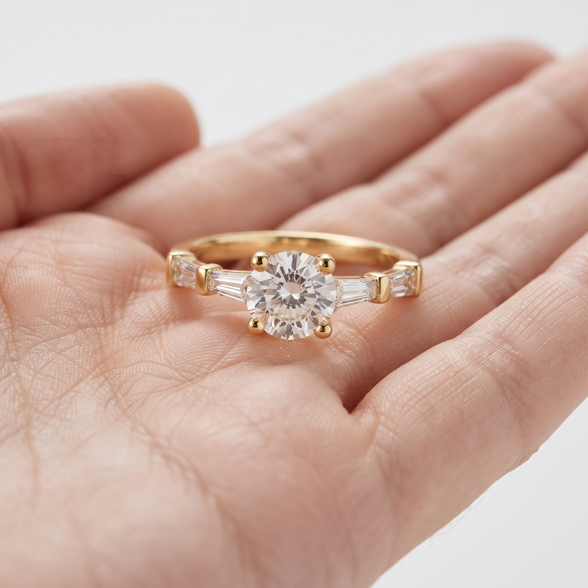 1.00 Carat Round Lab Grown Diamond Engagement Ring, Baguette Accents, Yellow Gold (Customizable)