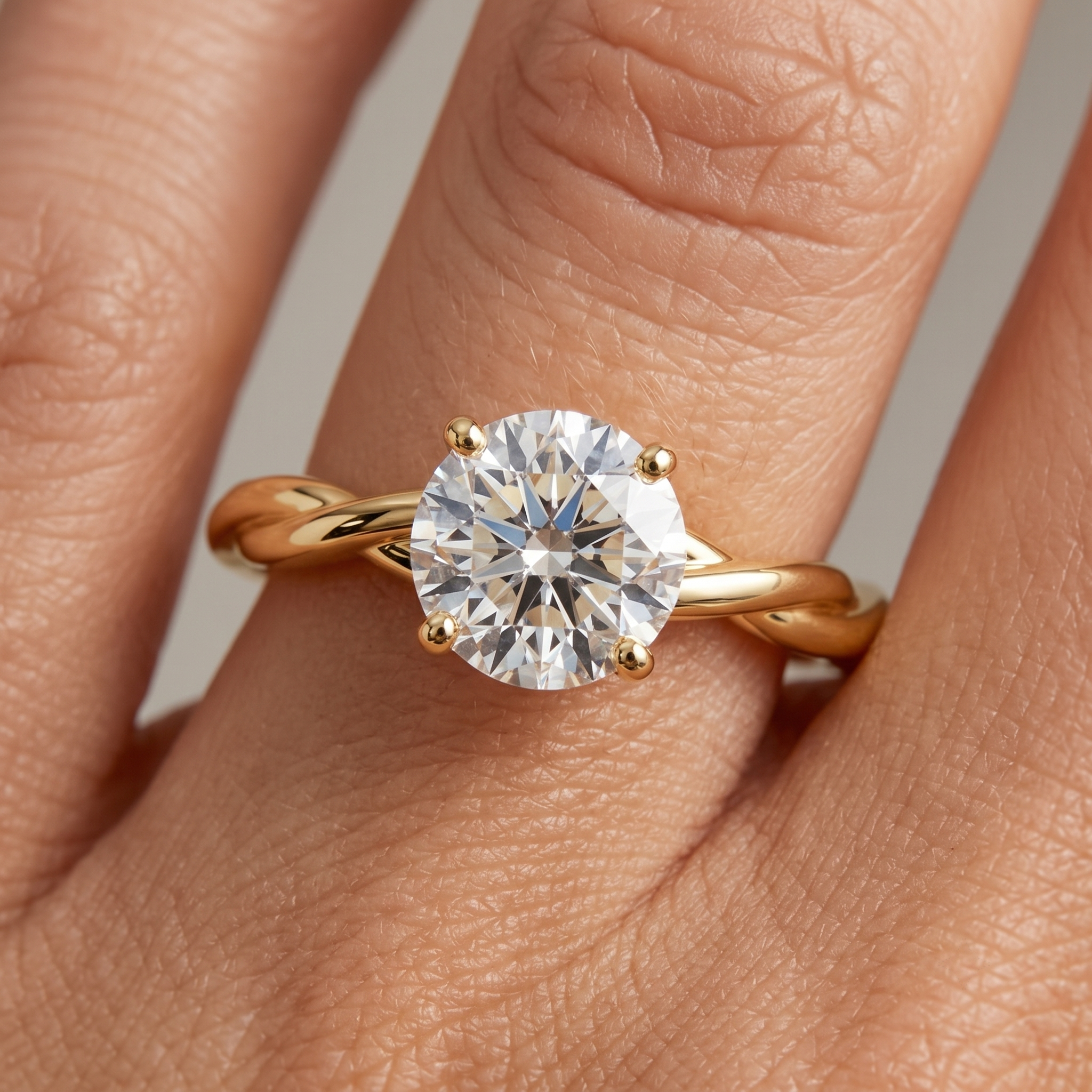 Twisted Vine Round Diamond Solitaire Ring, 4-Prong Gold Engagement Band