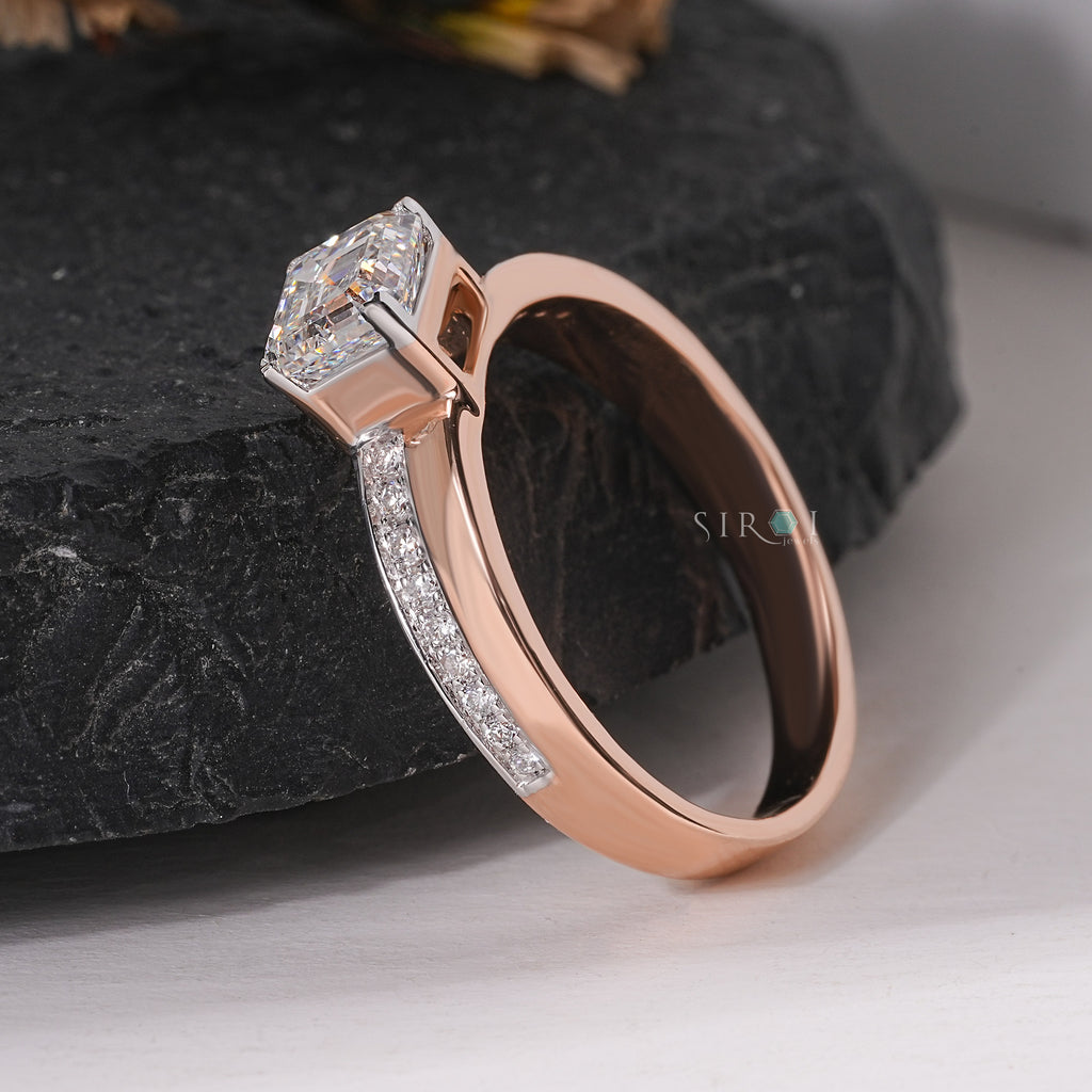 Rose Gold emerald Diamond Ring with Shoulder Pave