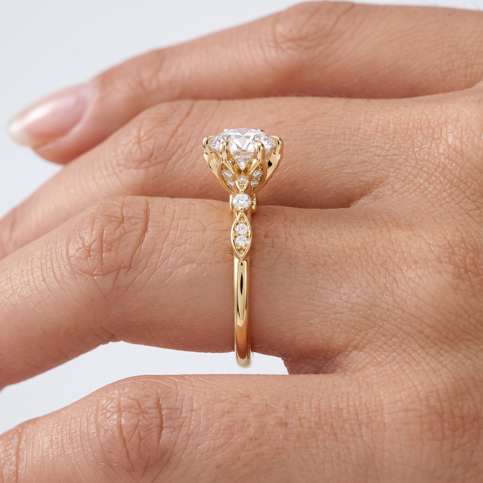 Custom Floral Basket Engagement Ring, Lab Grown Diamond, Hidden Halo Accent