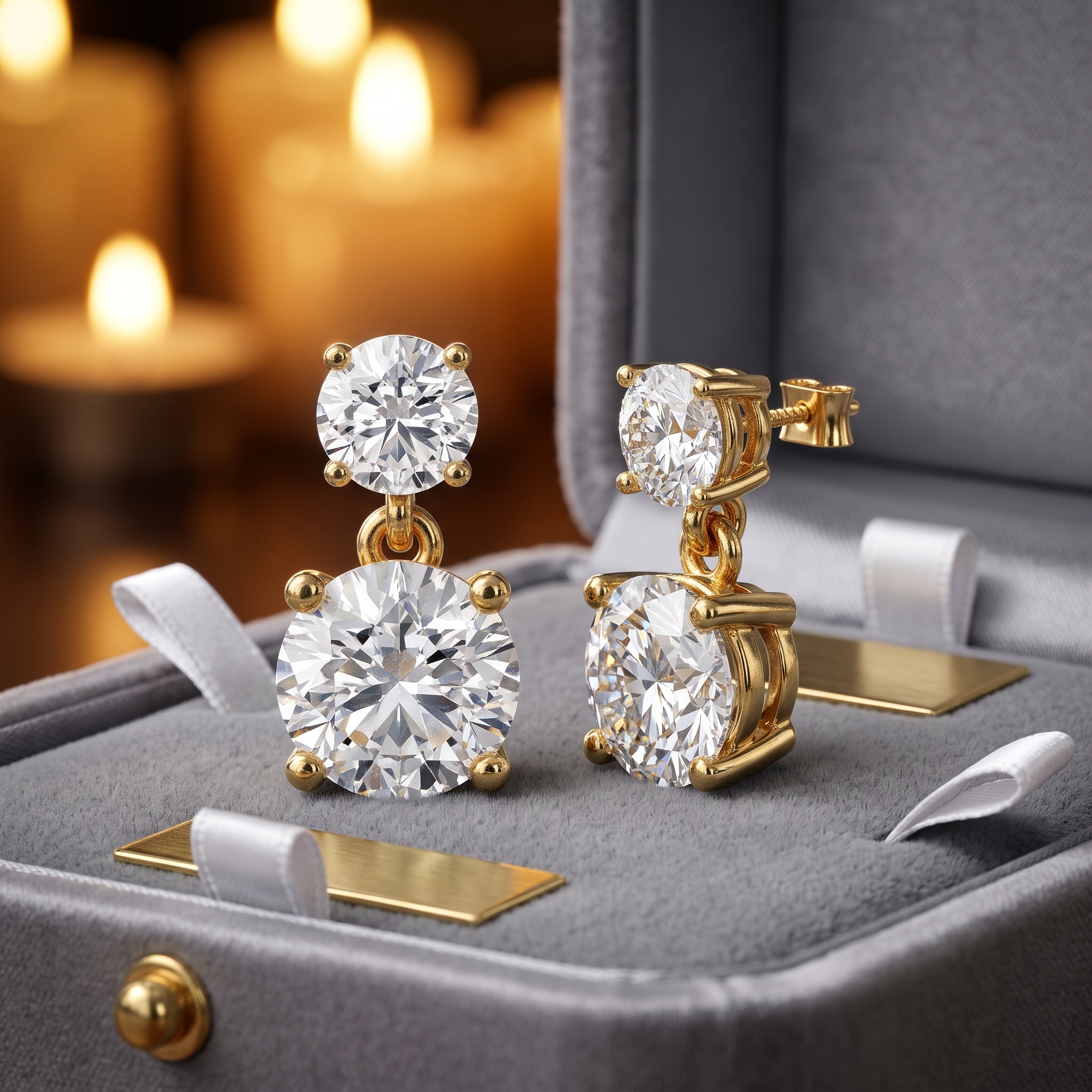 Two Stone Diamond Drop Earrings in 9K To 18K Rose Gold, Gift for Her
