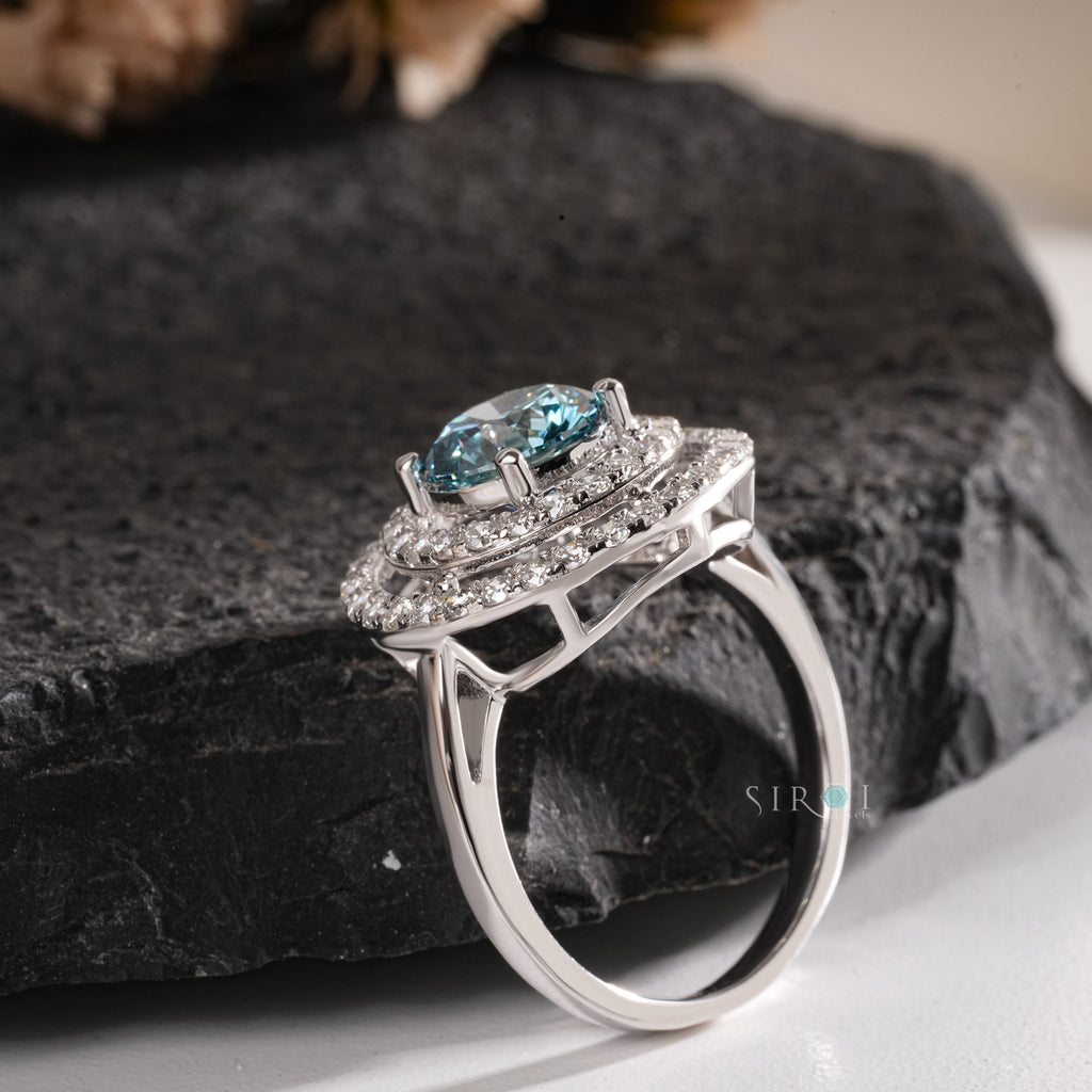 Round Cut Aqua Center Stone Ring with Pave Setting