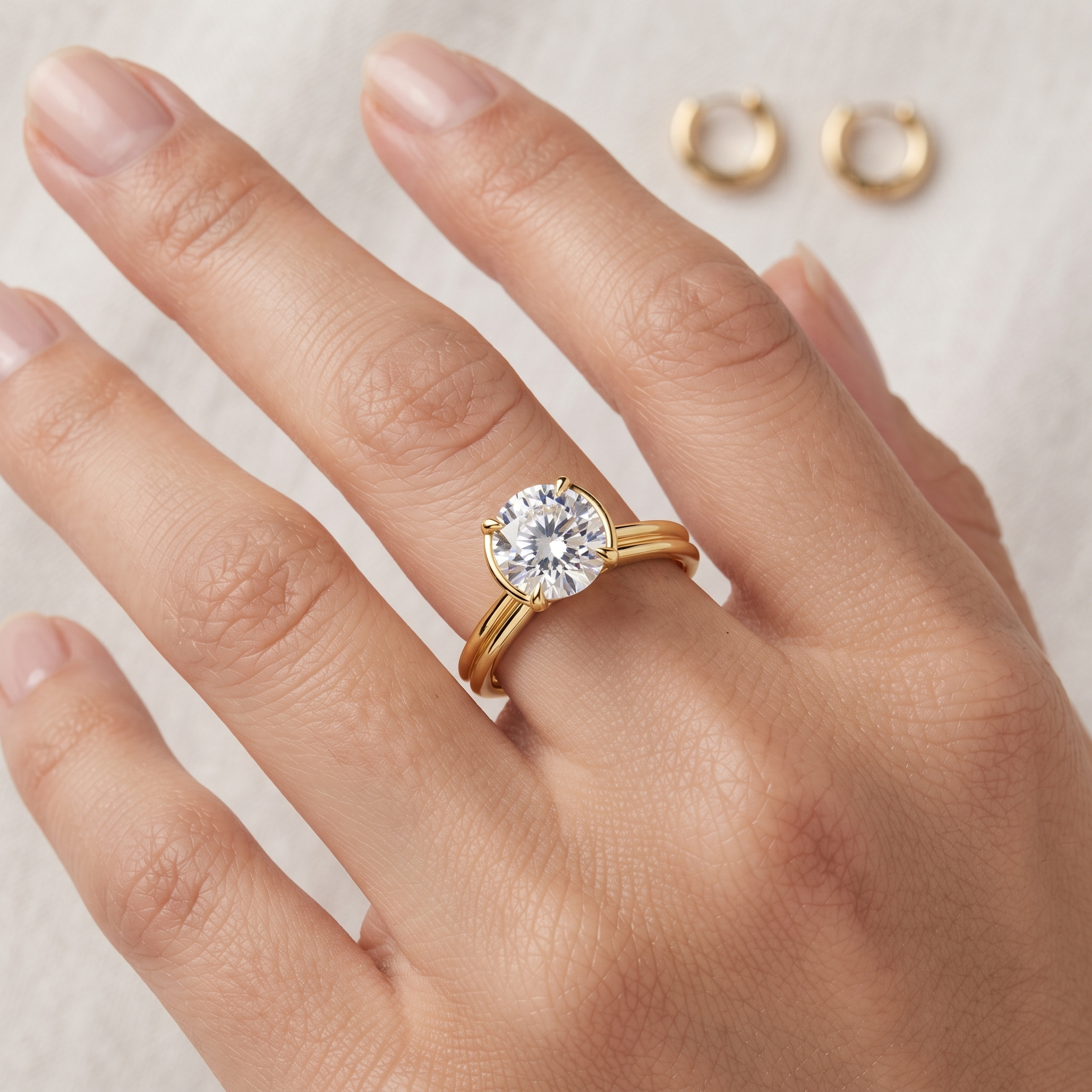 Gold Multi-Band Solitaire Ring Set | Round Cut Diamond, Minimalist Bridal Jewelry