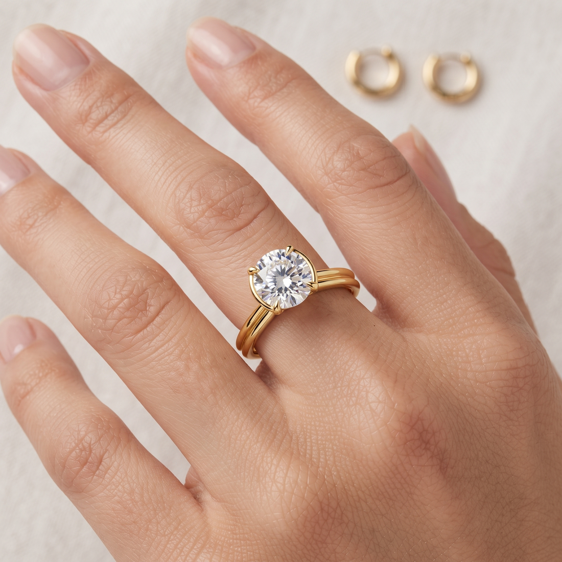 Gold Multi-Band Solitaire Ring Set | Round Cut Diamond, Minimalist Bridal Jewelry