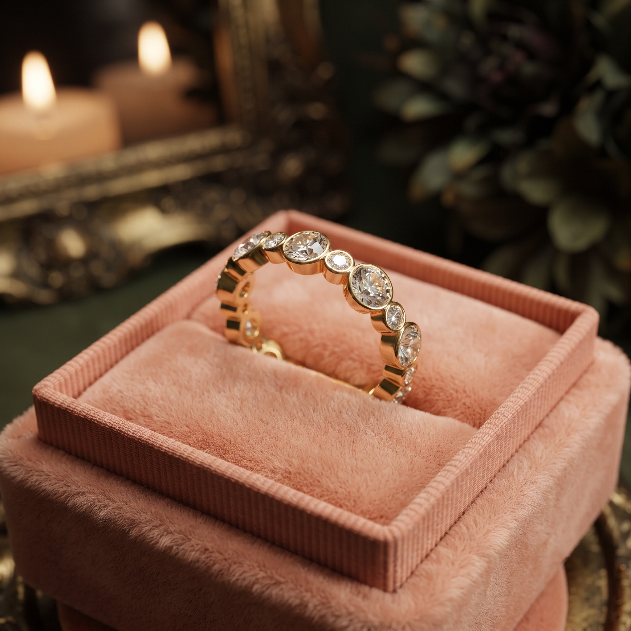 Bezel Set Diamond Eternity Band In 10K / 14K Rose Gold And Sterling Silver