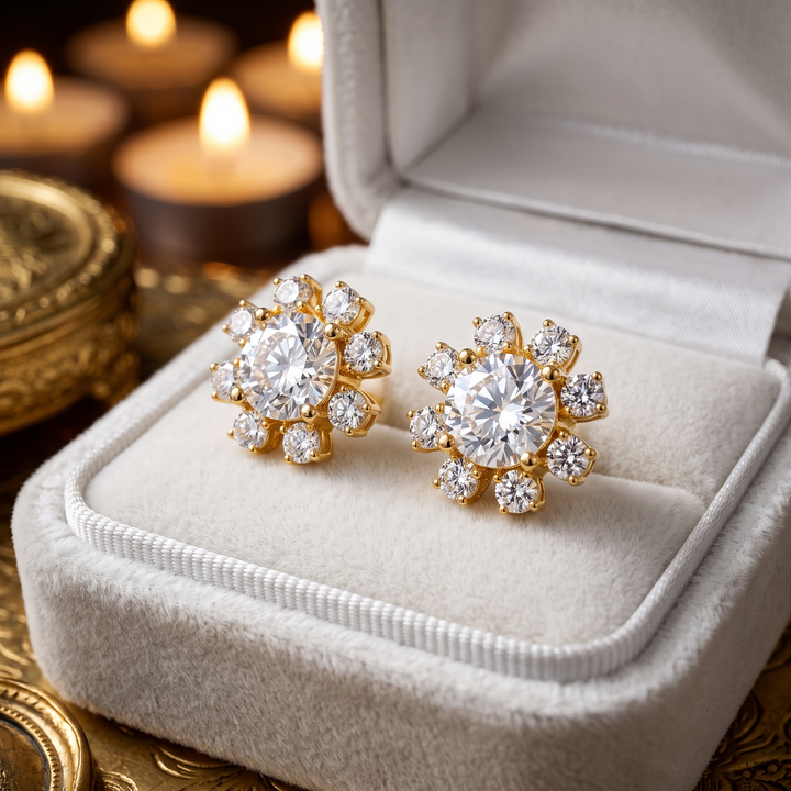 Diamond Flower Stud Earrings in 9K/18K Yellow Gold Rose Gold, Gift for Her