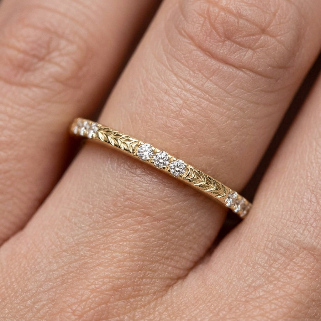 Hand Engraved Wheat Solitaire Engagement Ring, Round Cut Diamond, Nature Inspired Band