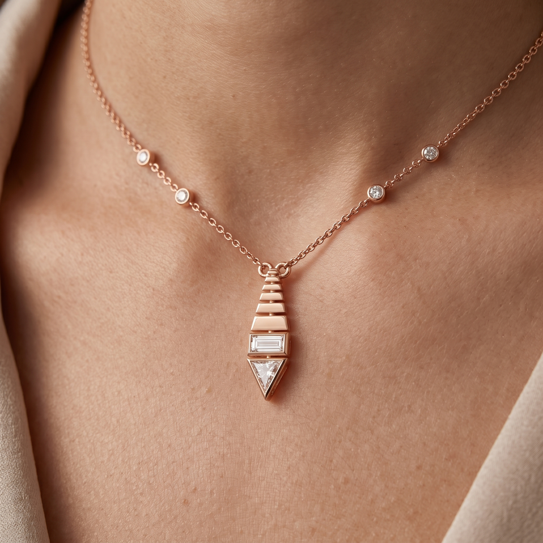 Art Deco Diamond Pendant Necklace, Baguette & Trillion Cut, Minimalist Gold Statement Jewelry