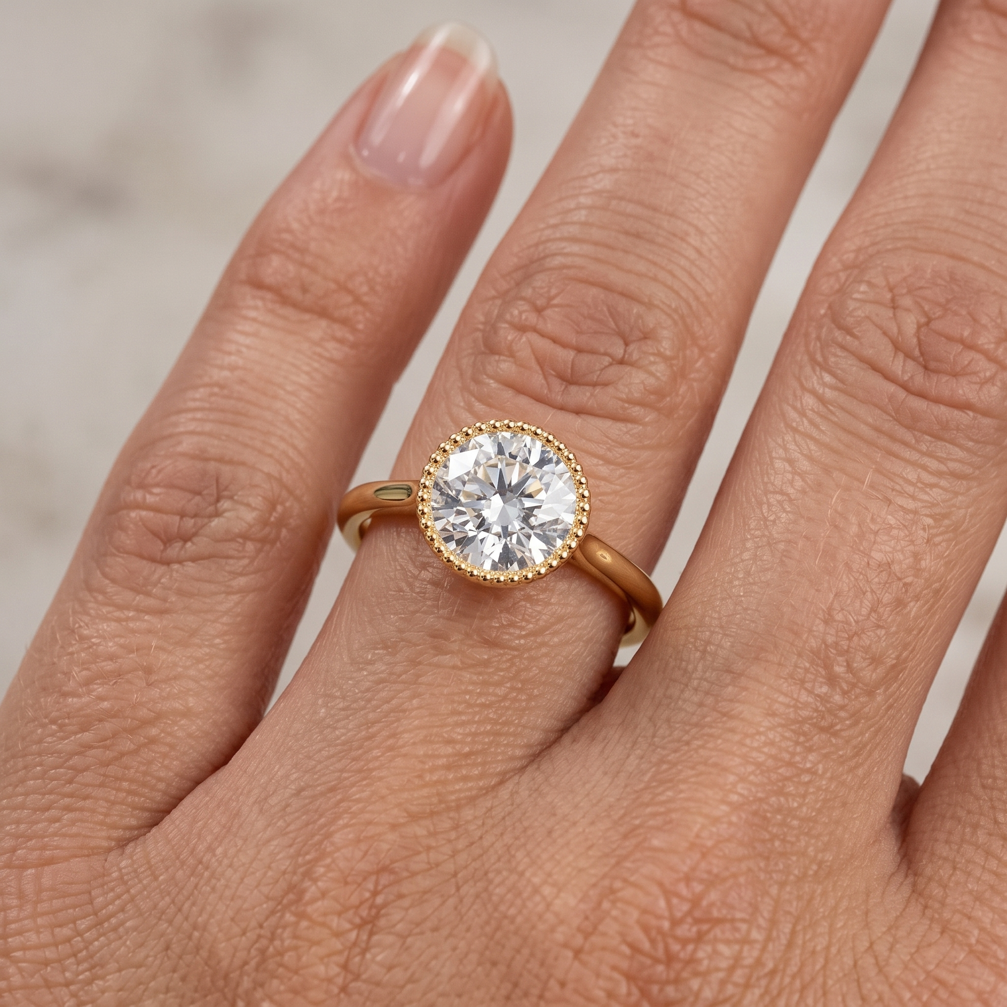 Milgrain Bezel Lab Grown Diamond Ring, Round Cut Solitaire, Solid Gold Engagement Ring