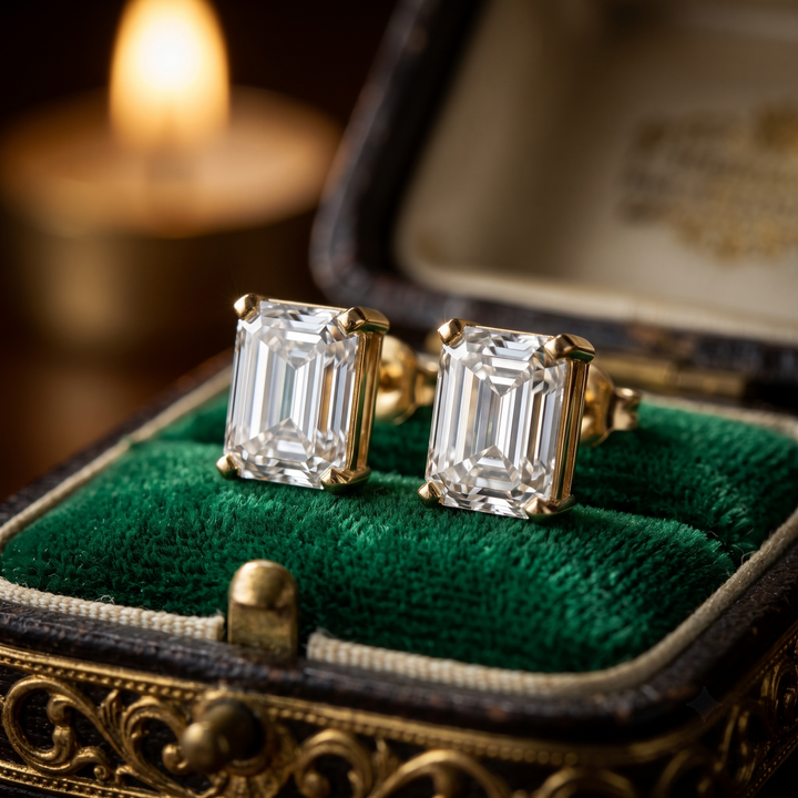 Emerald Cut Lab Diamond Stud Earrings, Solid 9K/14K Gold, Classic Everyday