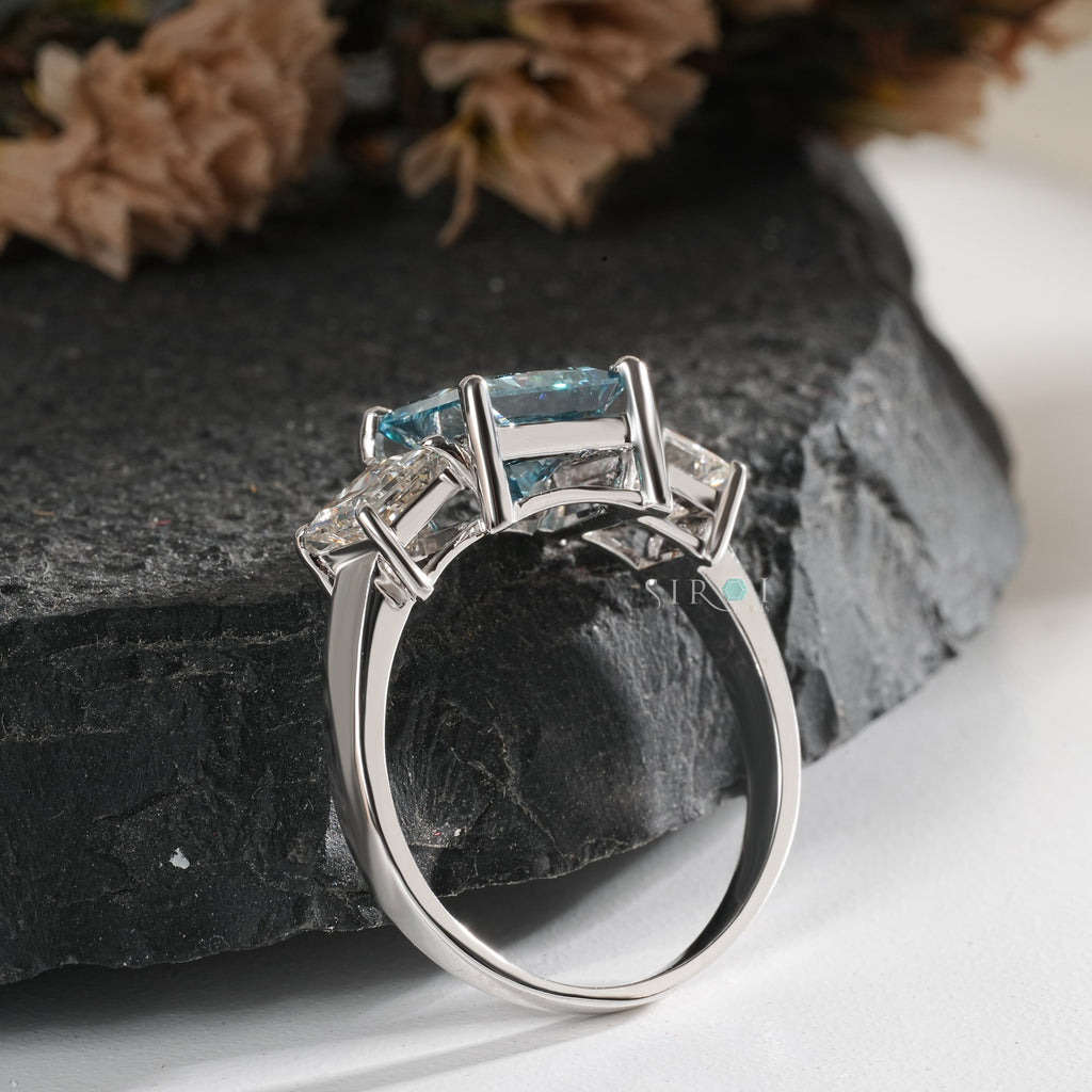Princess Cut Blue Topaz and Diamond Three-Stone Engagement Ring in White Gold