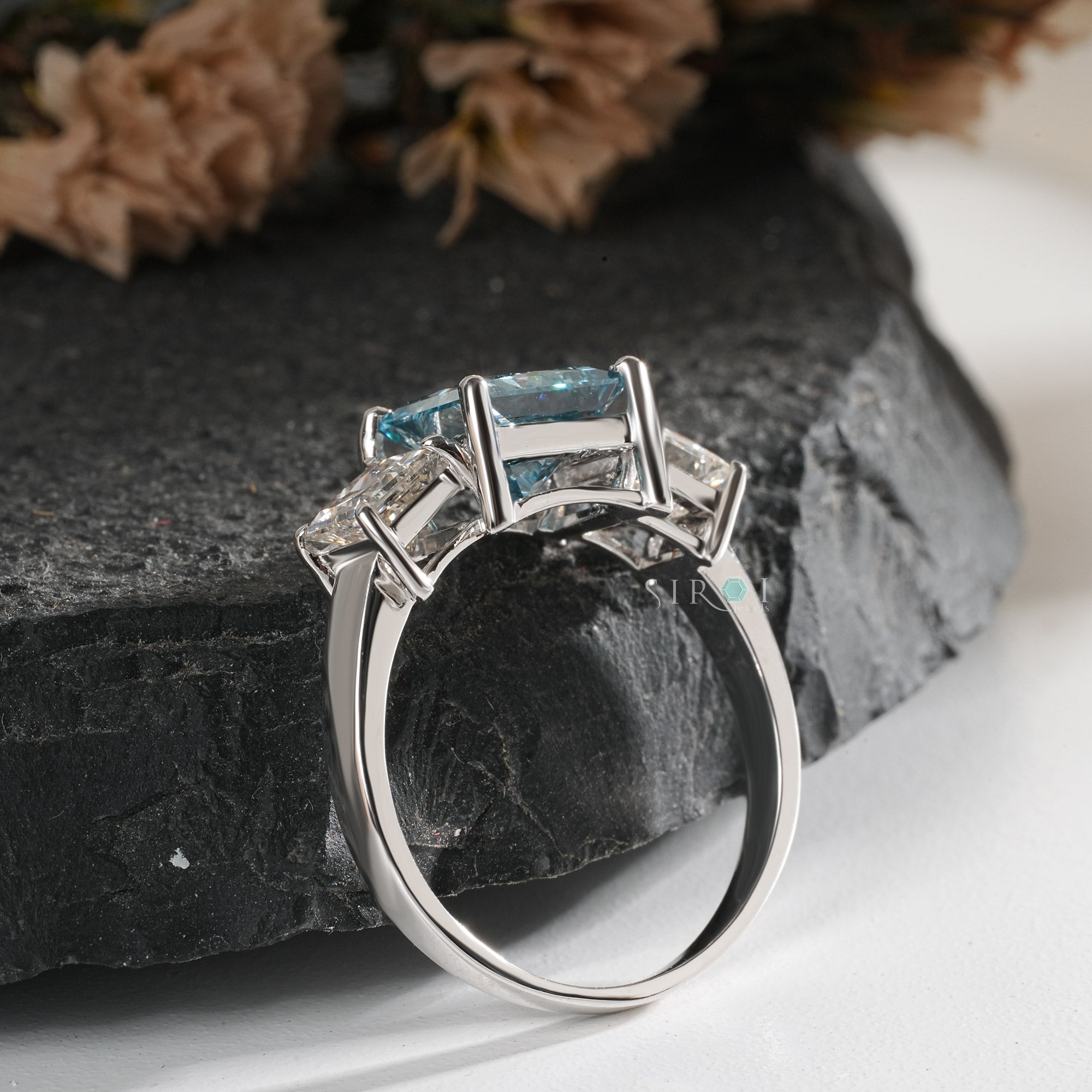 Princess Cut Blue Topaz and Diamond Three-Stone Engagement Ring in White Gold