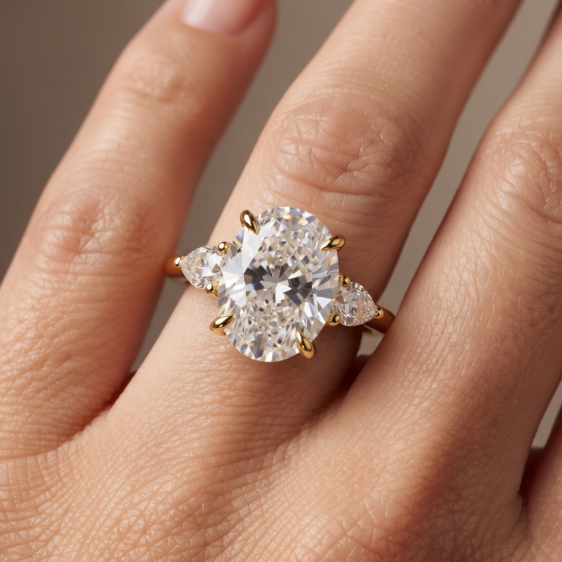 Oval Lab Grown Diamond Ring, 3-Stone Pear Side Stones, Minimalist Gold Engagement Ring