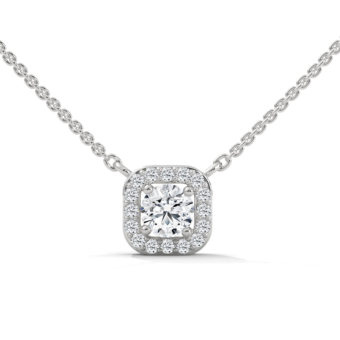 Square Halo Diamond Pendant Necklace, Cushion Cut Cluster, Dainty Gold Chain