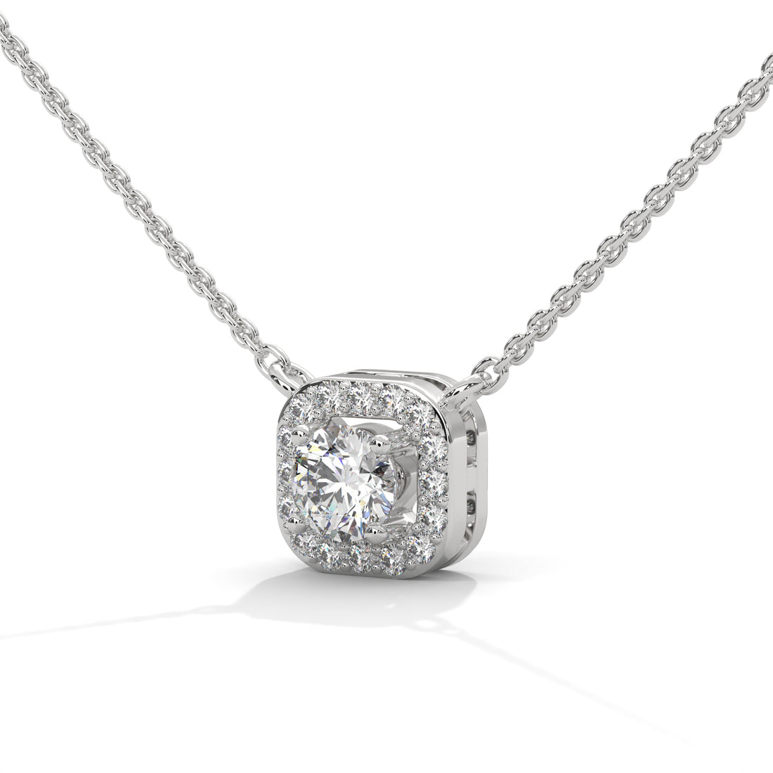 Square Halo Diamond Pendant Necklace, Cushion Cut Cluster, Dainty Gold Chain