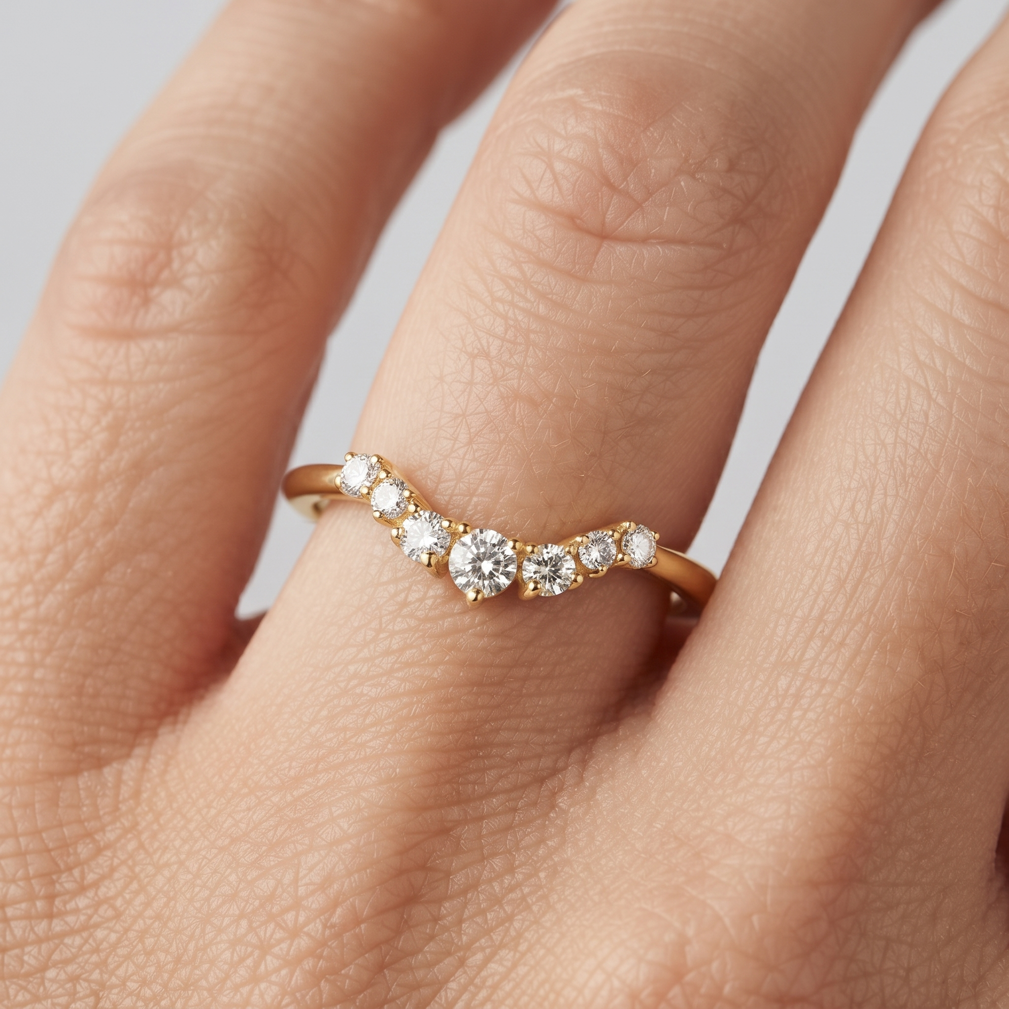 Round Engagement Ring Set, Pear Side Stones, Yellow Gold Curved Wedding Band