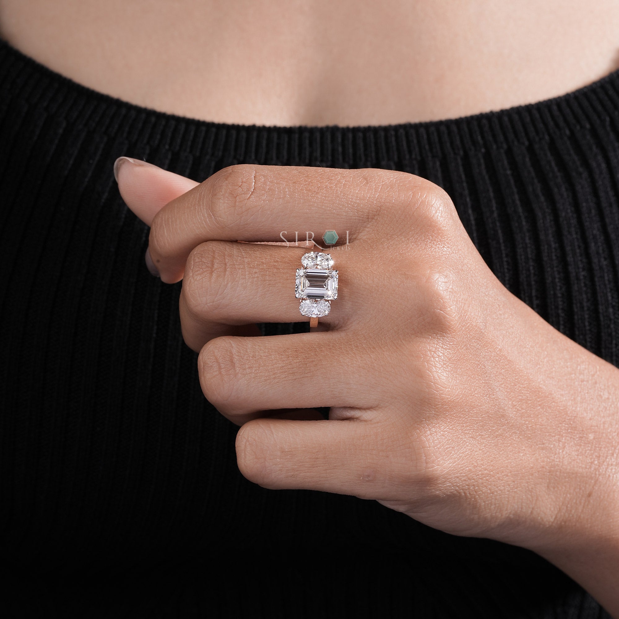 Elegant Emerald Cut & Oval Diamond Three-Stone Ring