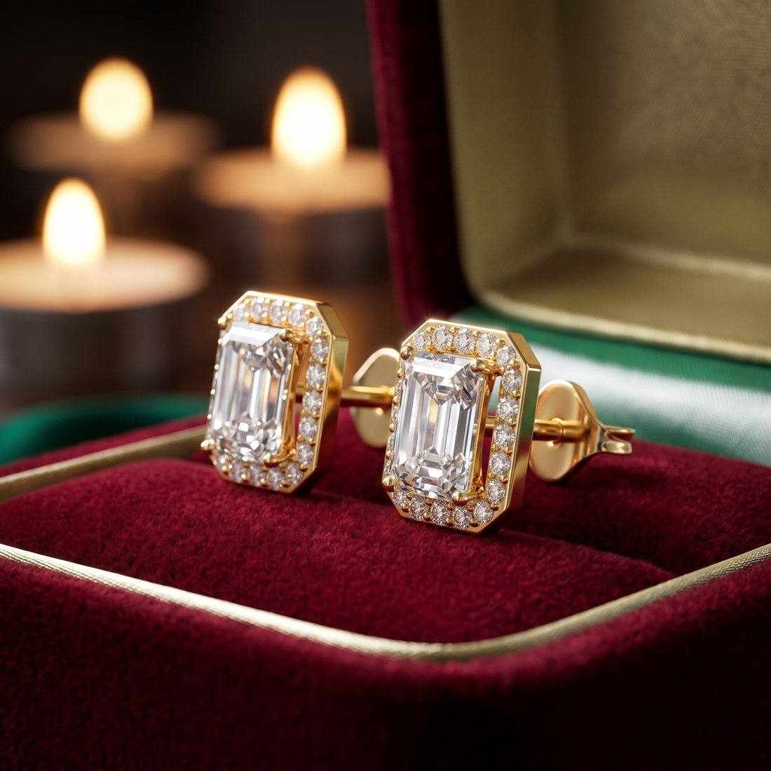 Emerald Cut Diamond Halo Stud Earrings in 9K/14K Gold, Gift for Her