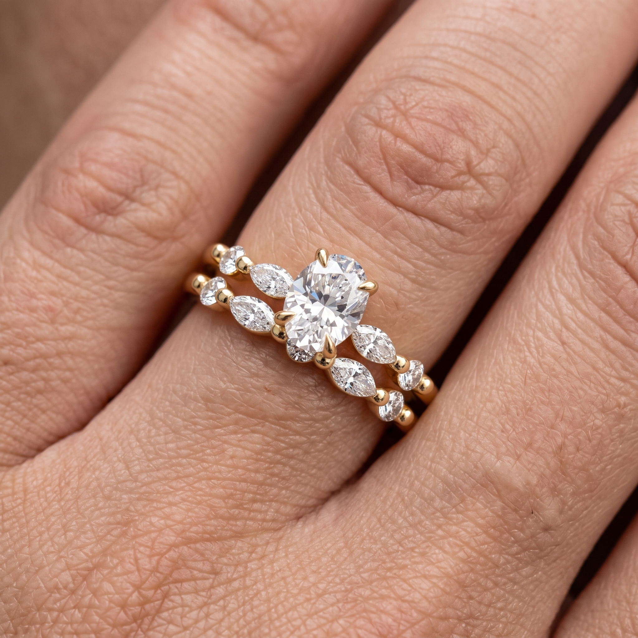 Oval Cut Solitaire Engagement Ring Set | Marquise Beaded Wedding Band (Yellow Gold)