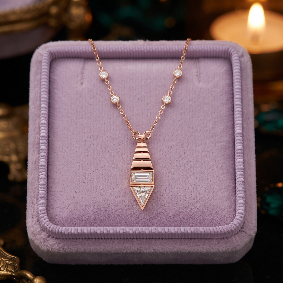 Art Deco Diamond Pendant Necklace, Baguette & Trillion Cut, Minimalist Gold Statement Jewelry