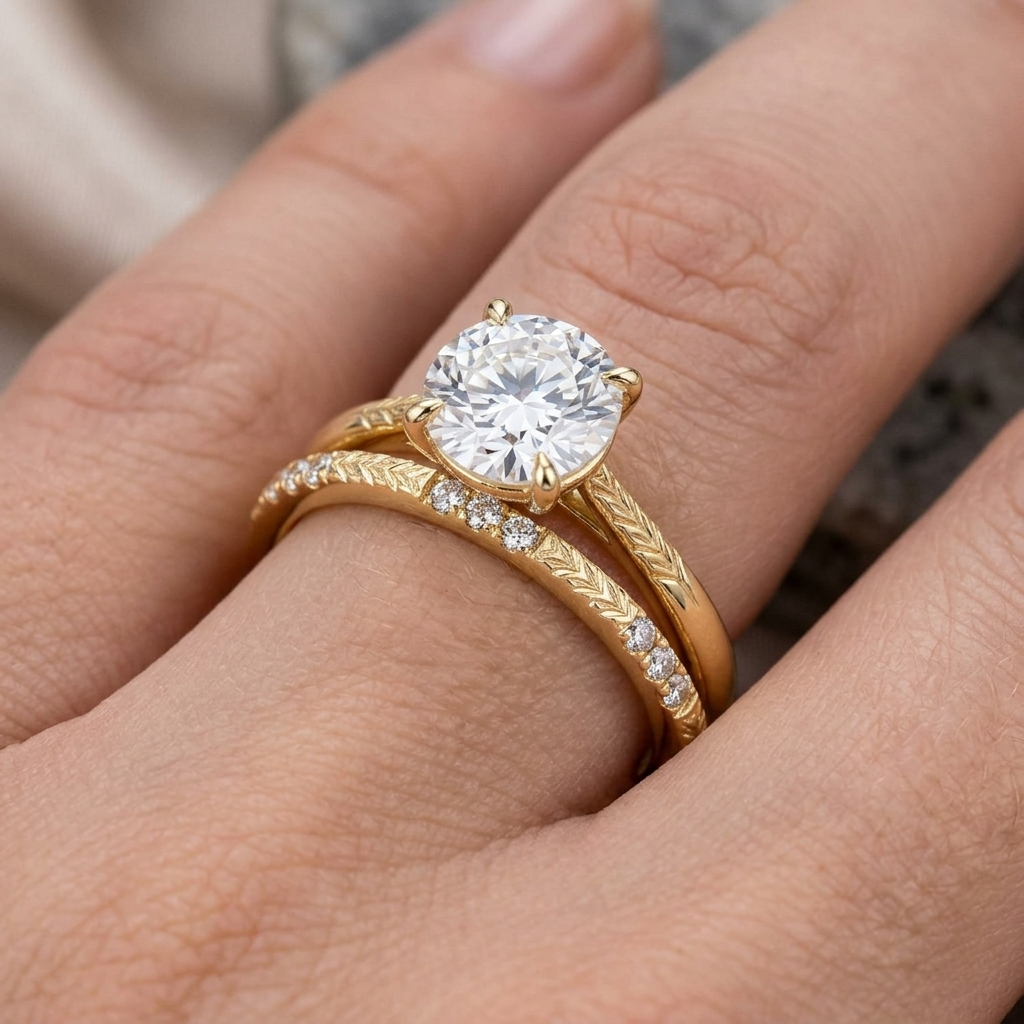Hand Engraved Wheat Solitaire Engagement Ring, Round Cut Diamond, Nature Inspired Band