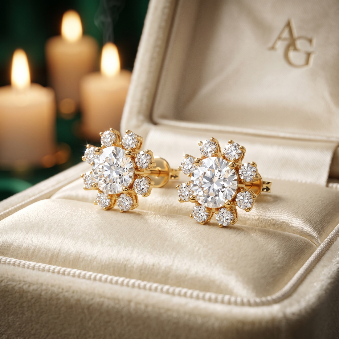 Diamond Flower Stud Earrings in 9K/18K Yellow Gold Rose Gold, Gift for Her