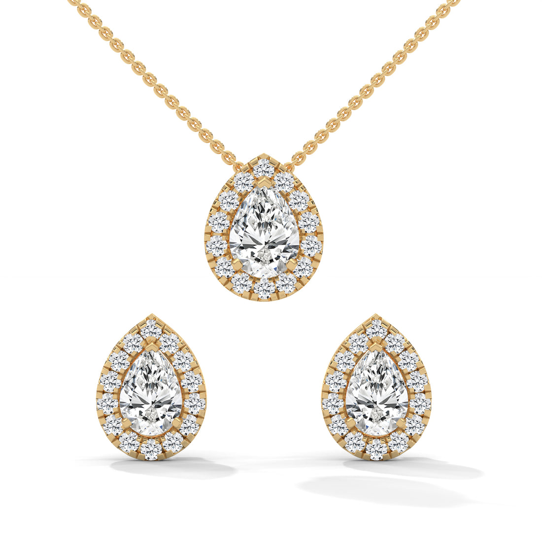 Pear Halo Diamond Necklace Earrings Set, Teardrop Pendant Jewelry, Bridal Gift