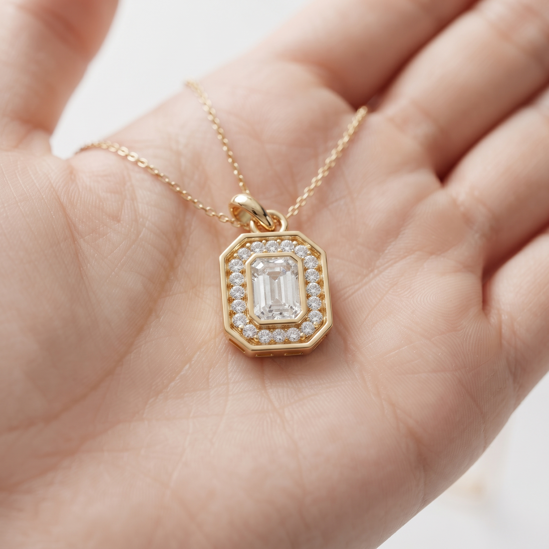 Emerald Cut Diamond Halo Pendant, Octagon Frame, Dainty Gold Chain, Minimalist Bridal Jewelry