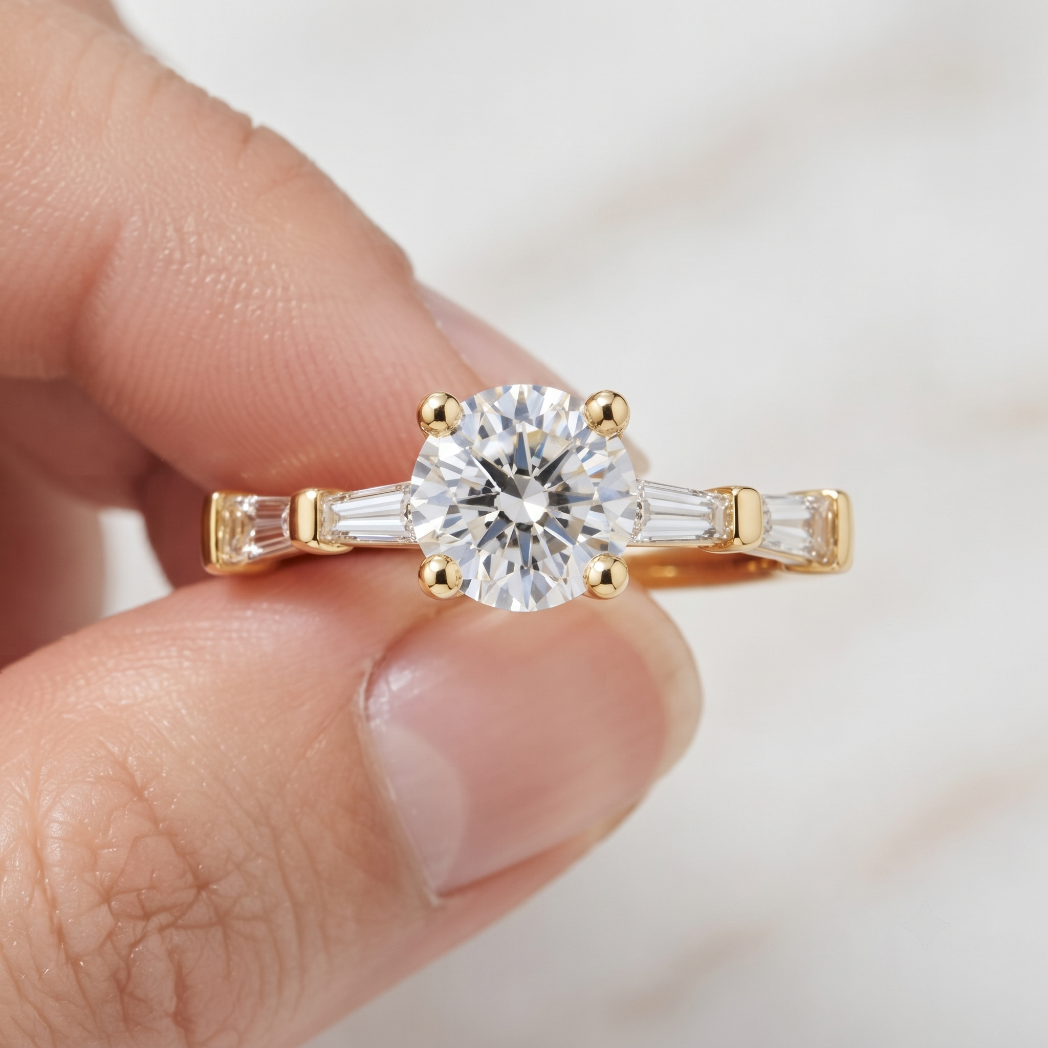 1.00 Carat Round Lab Grown Diamond Engagement Ring, Baguette Accents, Yellow Gold (Customizable)