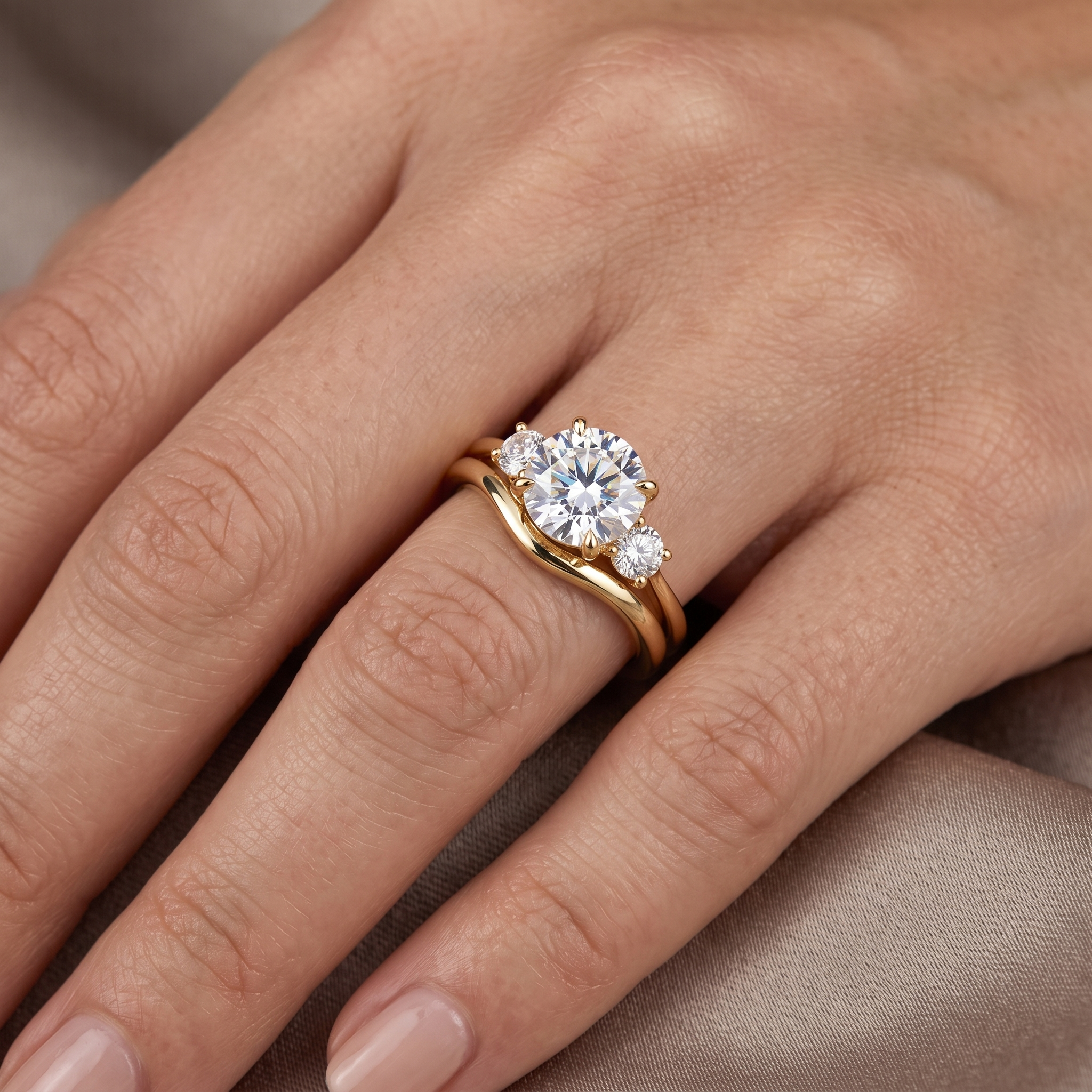 3 Stone Round Diamond Engagement Ring, Curved Matching Band, Minimalist Yellow Gold Bridal Set
