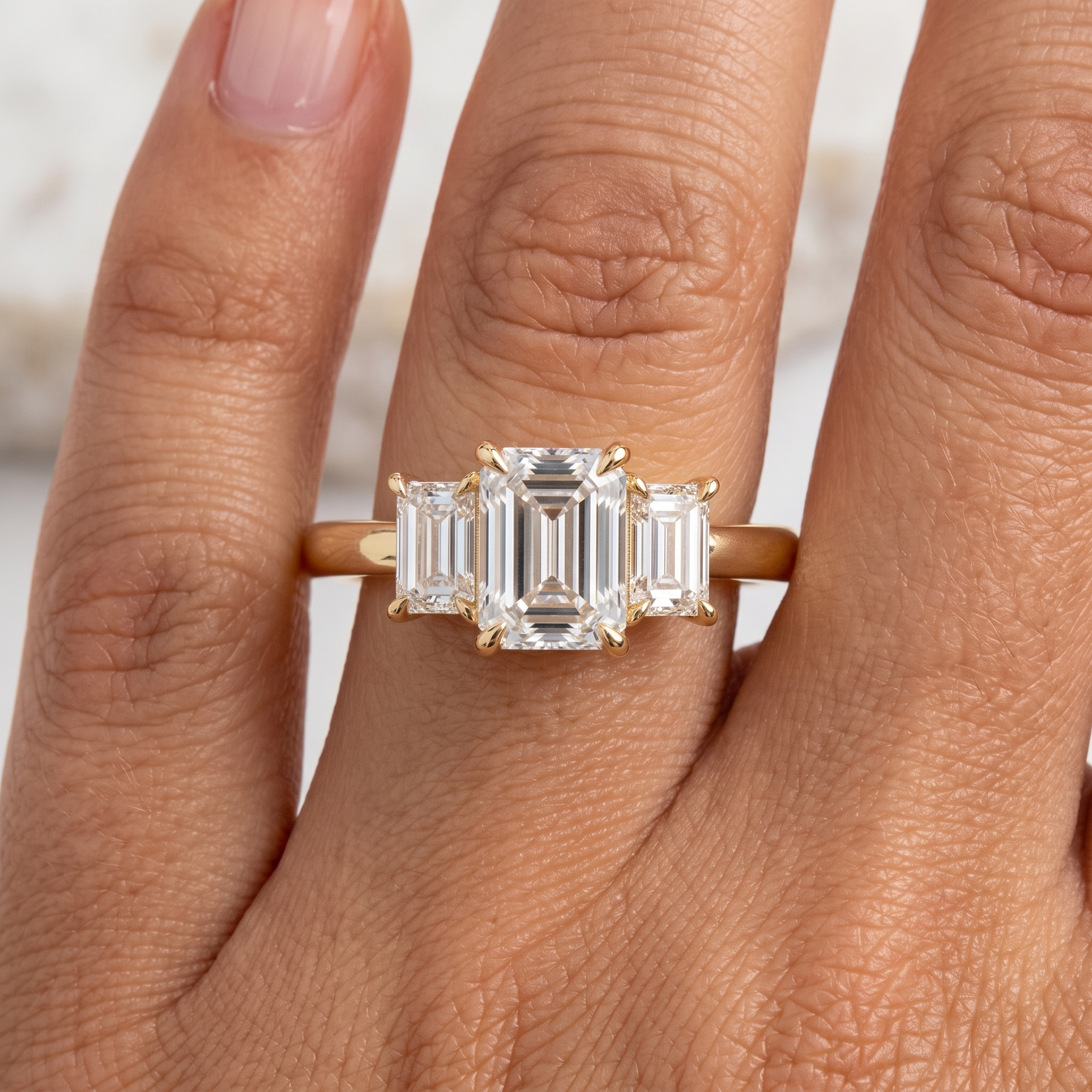 Emerald Cut Three Stone Engagement Ring, Lab Grown Diamond, Solid Gold (9K-18K)