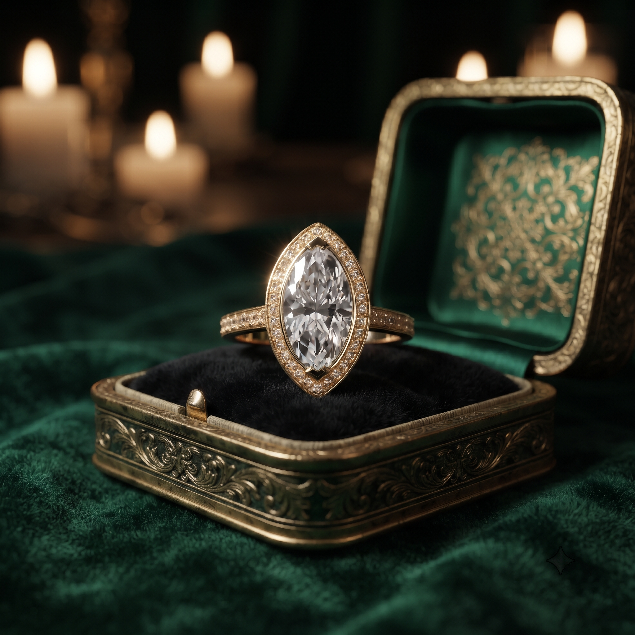 Marquise Cut Halo Engagement Ring with Pave Band