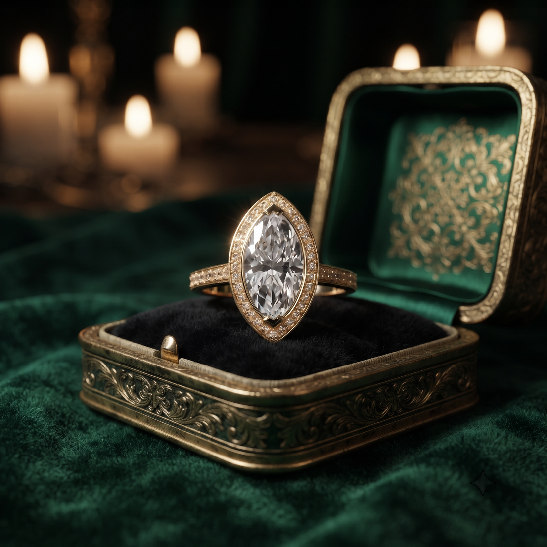 Marquise Cut Halo Engagement Ring with Pave Band