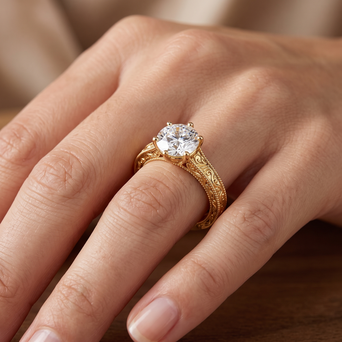 Vintage Art Deco Yellow Gold Engagement Ring, Round Lab Grown Diamond, Milgrain Scroll Design
