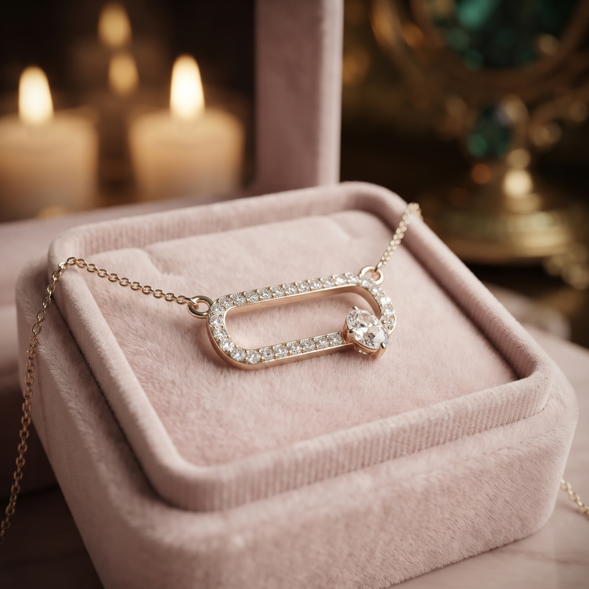 Pave Diamond Paperclip Necklace, Cushion Solitaire Pendant, Minimalist Gold Jewelry
