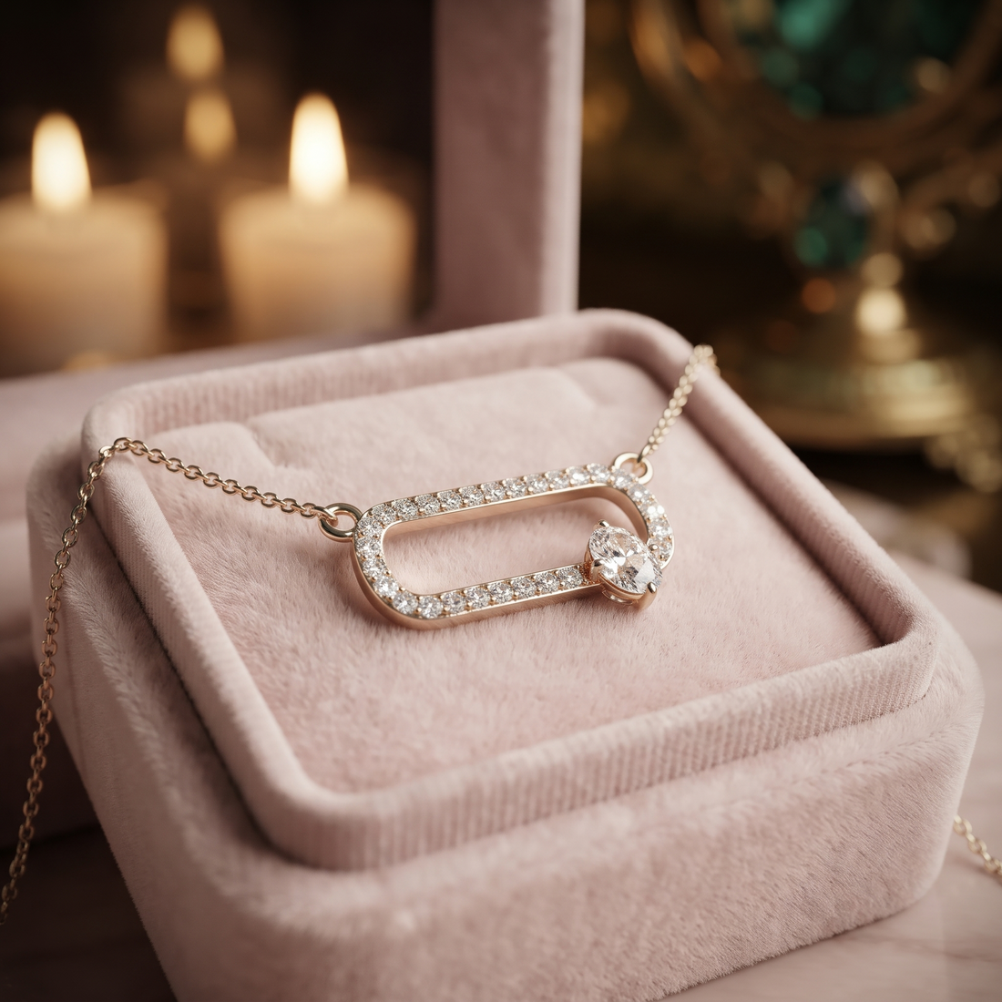 Pave Diamond Paperclip Necklace, Cushion Solitaire Pendant, Minimalist Gold Jewelry