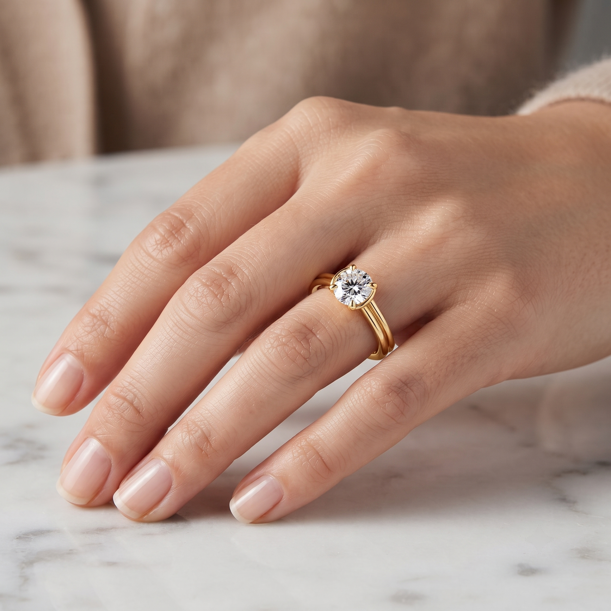 Gold Multi-Band Solitaire Ring Set | Round Cut Diamond, Minimalist Bridal Jewelry