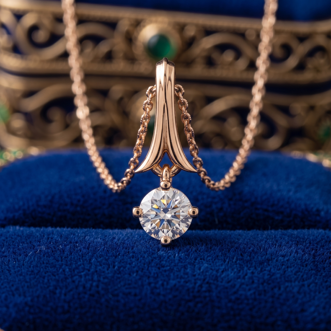 14K Solid Gold Round Diamond Drop Pendant, Minimalist Ribbon Bail Necklace