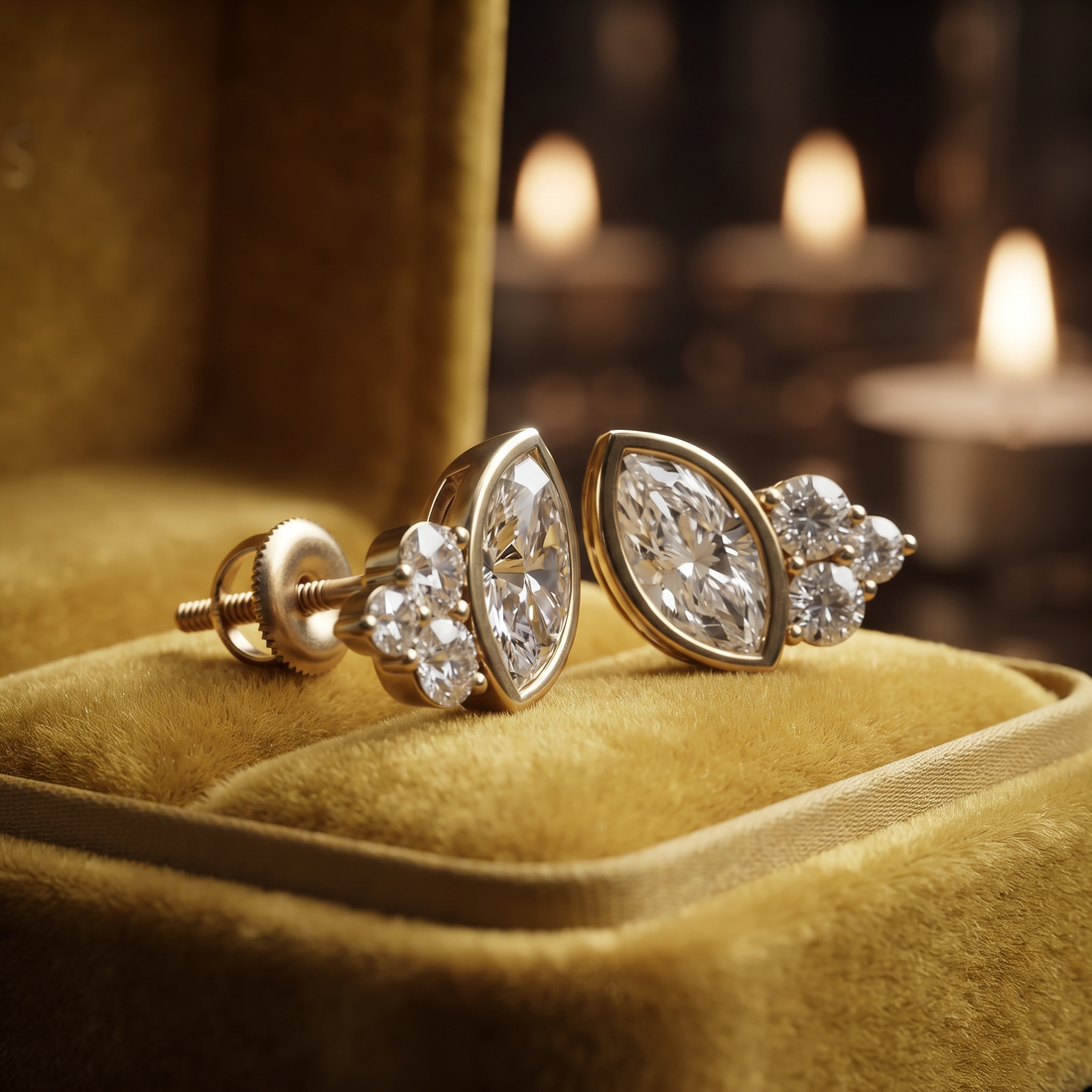 Marquise Round Diamond Cluster Stud Earrings – Geometric 10K/14K/18K Gold Silver