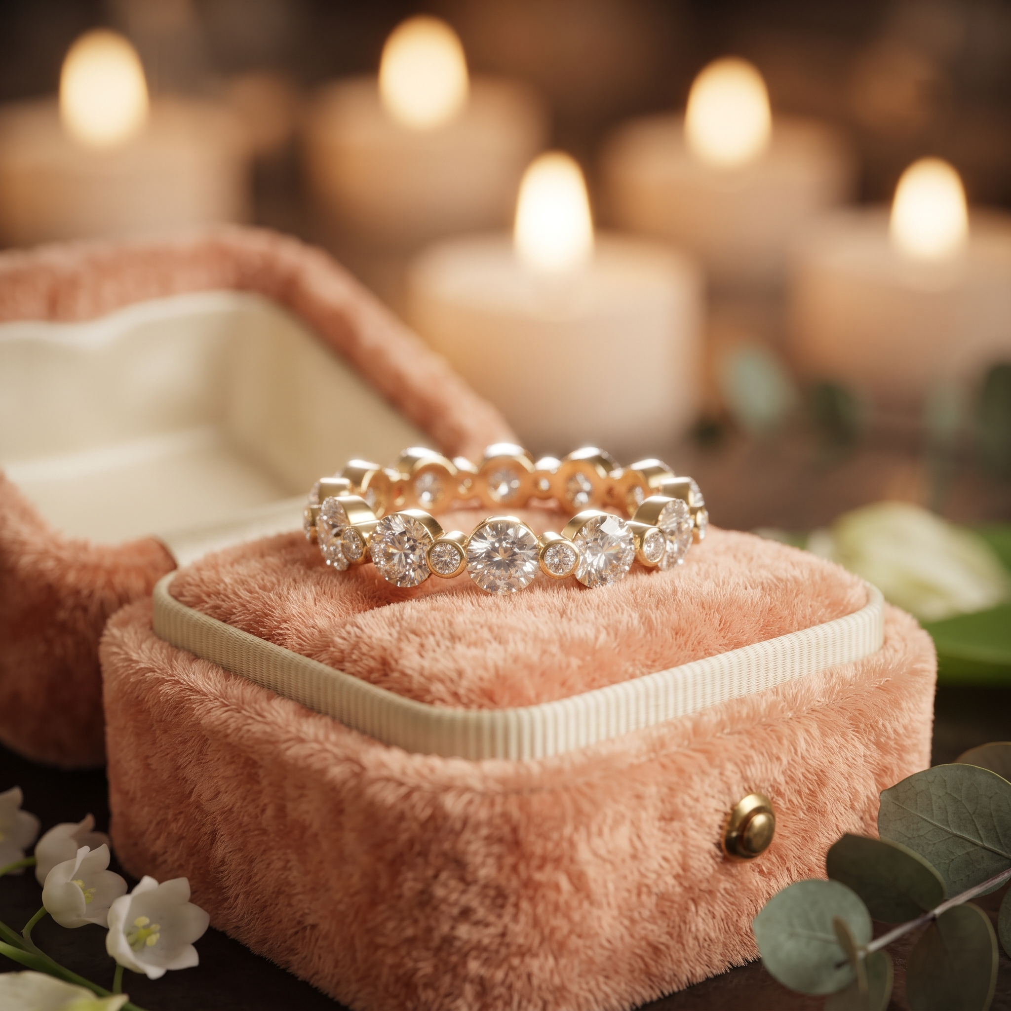 Bezel Set Diamond Eternity Band In 10K / 14K Rose Gold And Sterling Silver