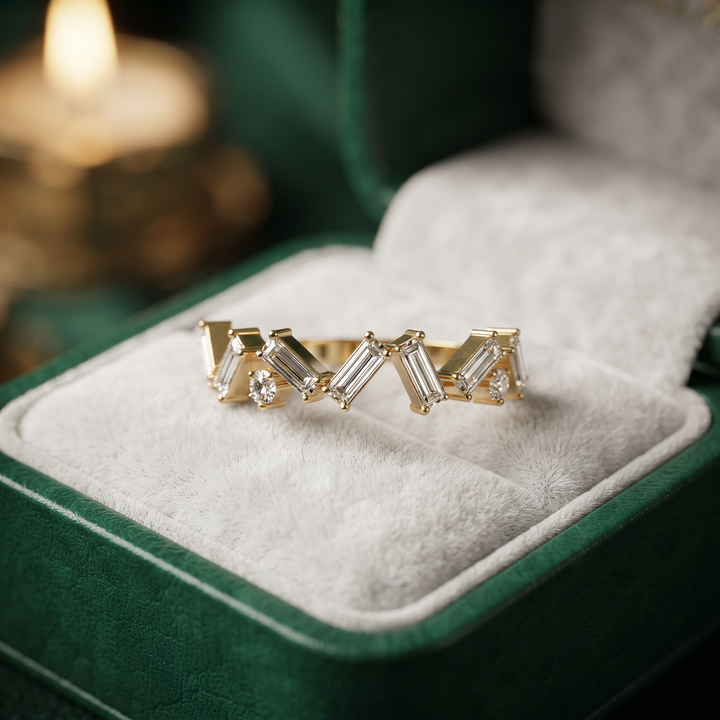 Geometric Zig-Zag Baguette and Round Diamond Band