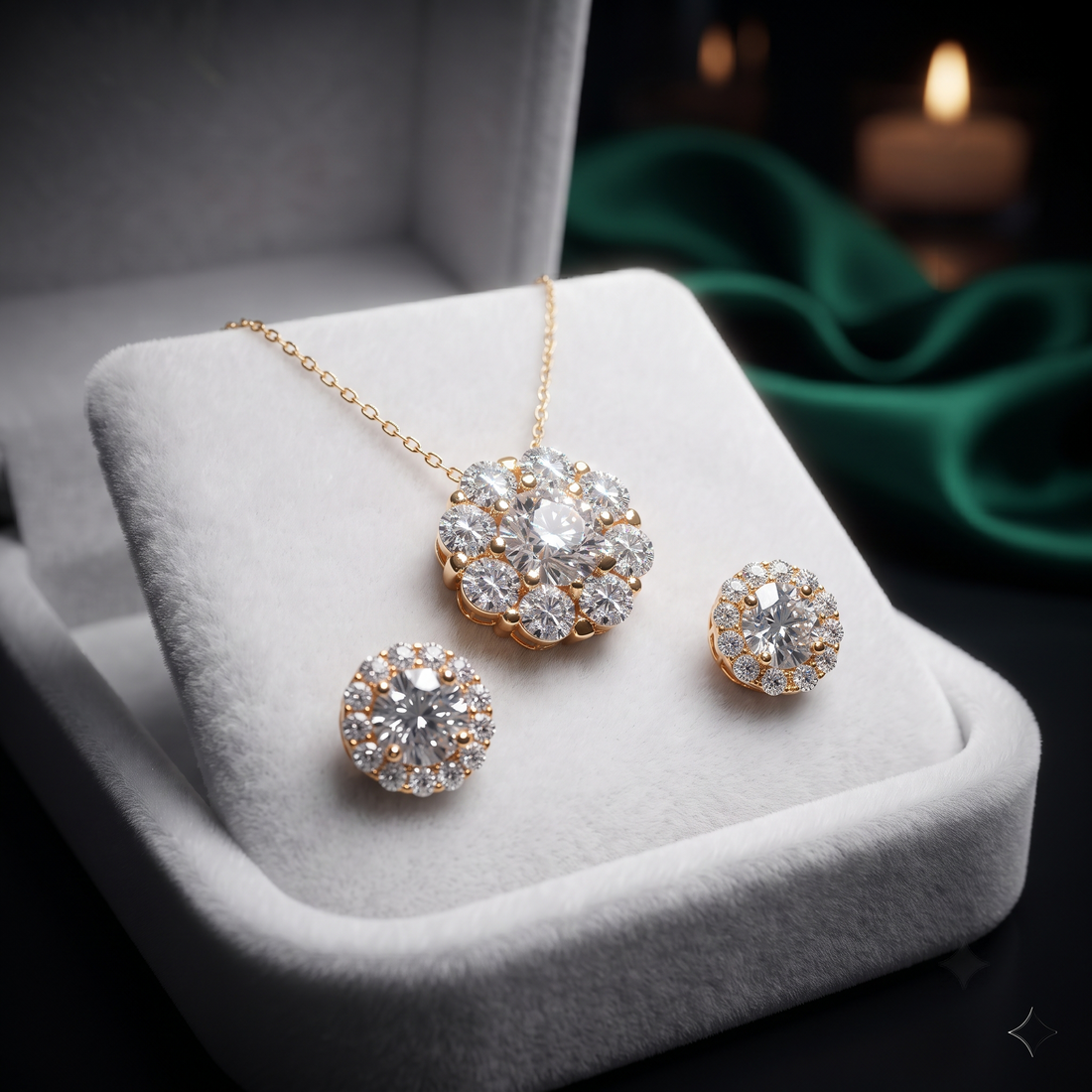 Floral Diamond Halo Pendant Earrings Set, Bridal Jewelry Gift, Cluster Necklace Set